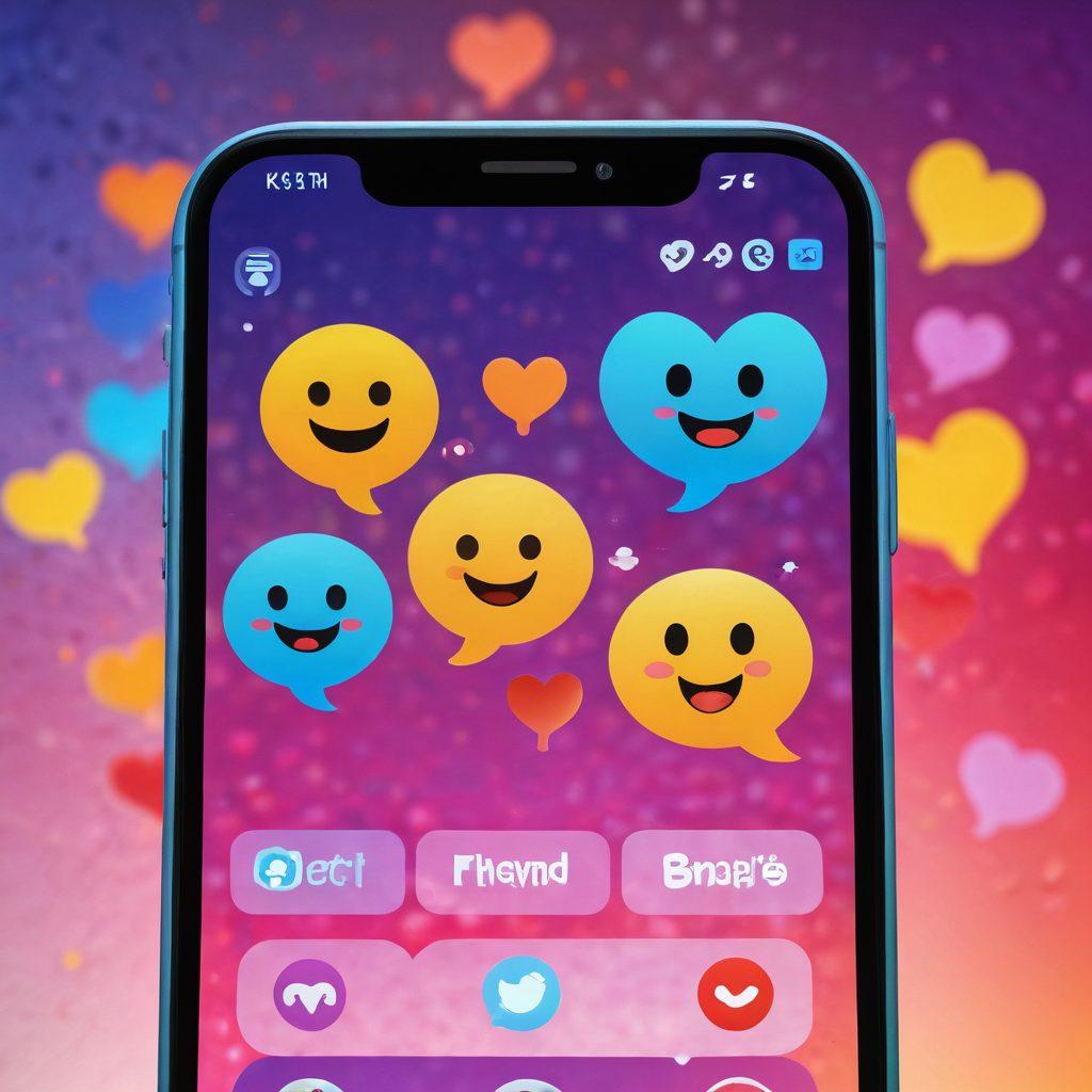A close-up view of a smartphone screen displaying a cheerful chat conversation between two individuals, with heart emojis and smiley faces popping up. In the background, a soft, warm atmosphere with abstract shapes symbolizing connection and engagement, such as chat bubbles and linked hearts. Vibrant colors that evoke a sense of warmth and friendliness. super-realistic. vibrant colors. soft focus.