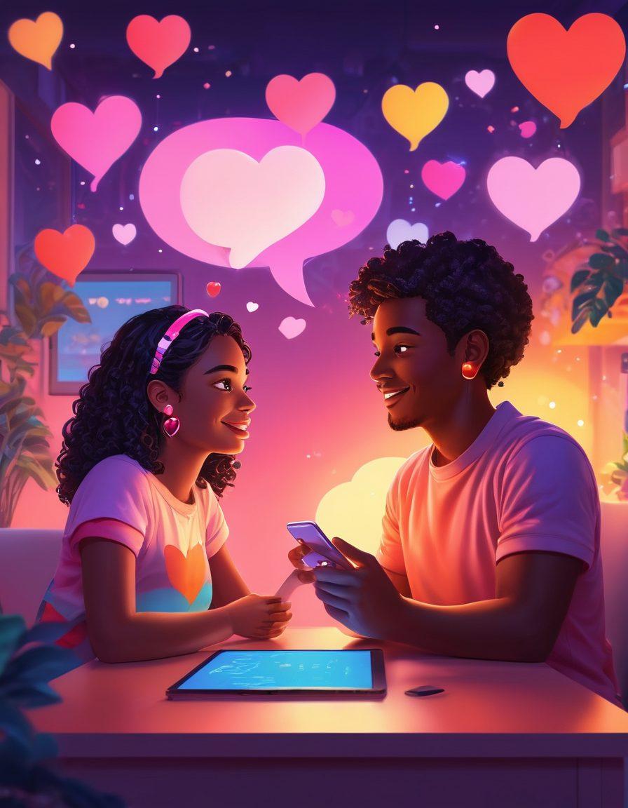 A whimsical digital landscape illustrating two avatars engaging in a flirty conversation through speech bubbles filled with hearts and emojis, surrounded by a vibrant chat room filled with glowing lights, pixelated hearts, and romantic icons. The atmosphere should convey warmth and playfulness, emphasizing connection in virtual spaces. bright colors. vector art.