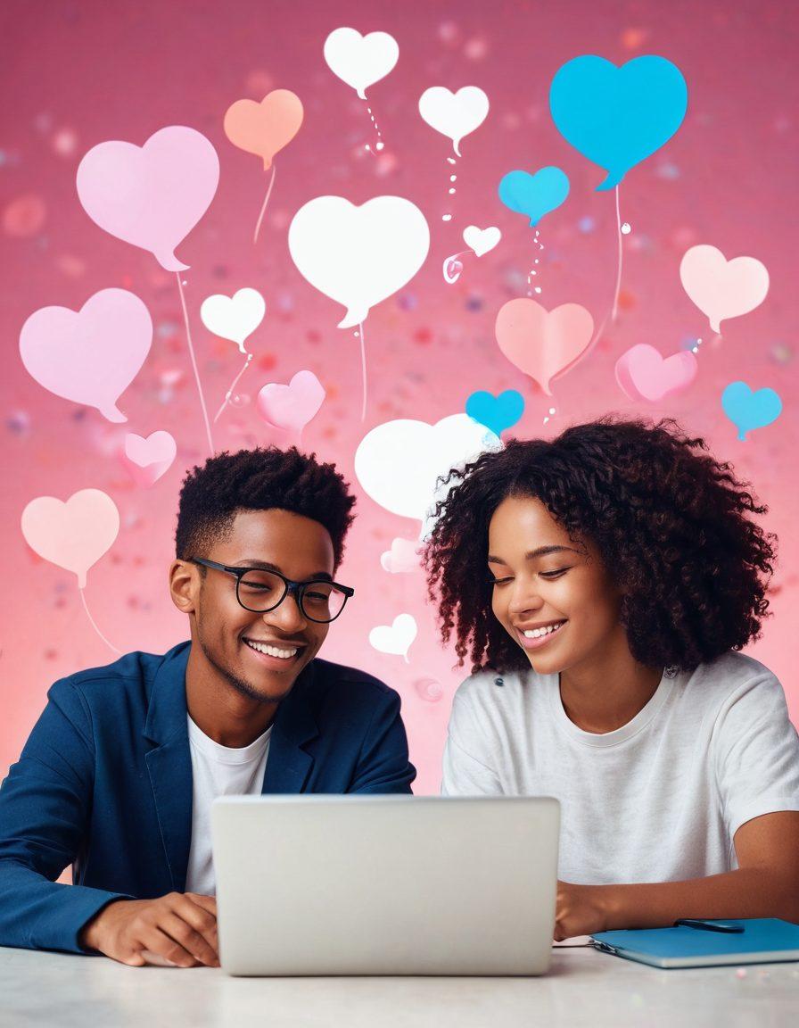A serene digital scene depicting two people engaged in a warm, intimate online chat, surrounded by floating hearts and glowing text bubbles. The background features soft pastel shades representing love and connection, while symbols of conversation like speech bubbles and emojis float around them. Incorporate elements of technology, like laptops and smartphones, with a focus on their joyful expressions. super-realistic. vibrant colors. soft focus.